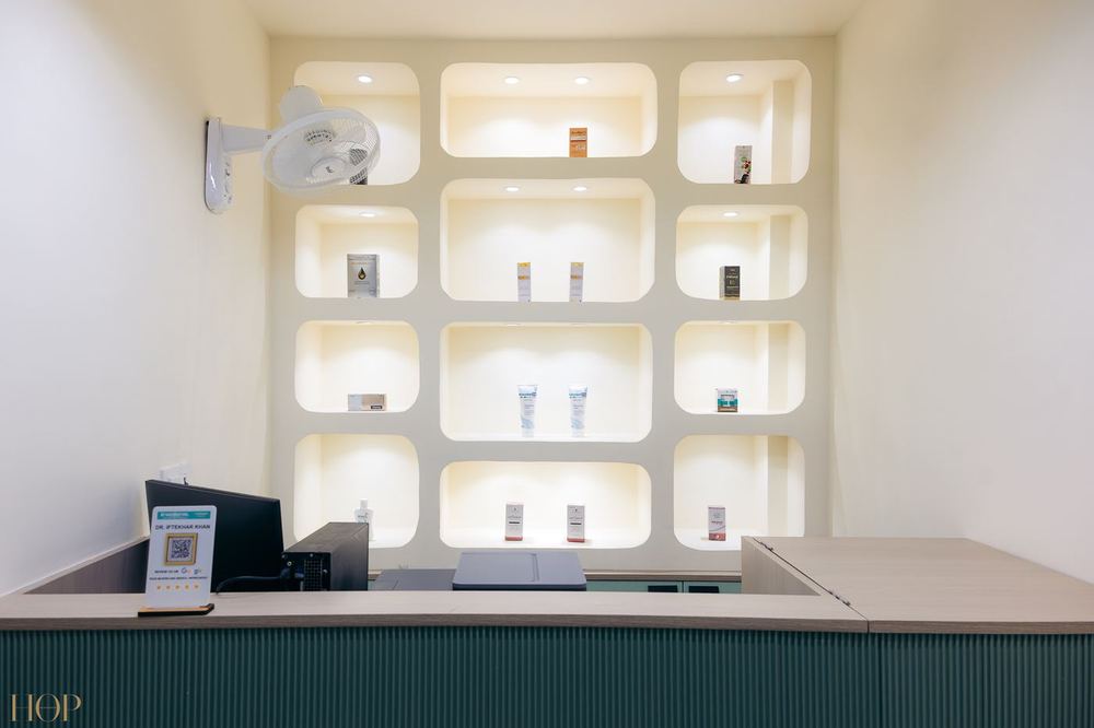 Truederm skincare product display and reception desk
